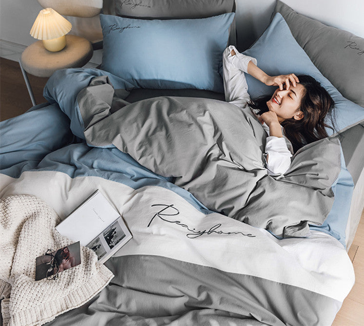 Sábana de algodón lavado de cuatro piezas para cama doble individual