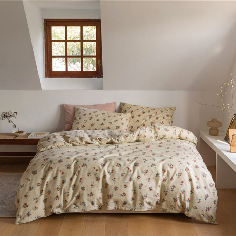 Ensemble de quatre pièces de literie en coton à motif floral rétro coréen