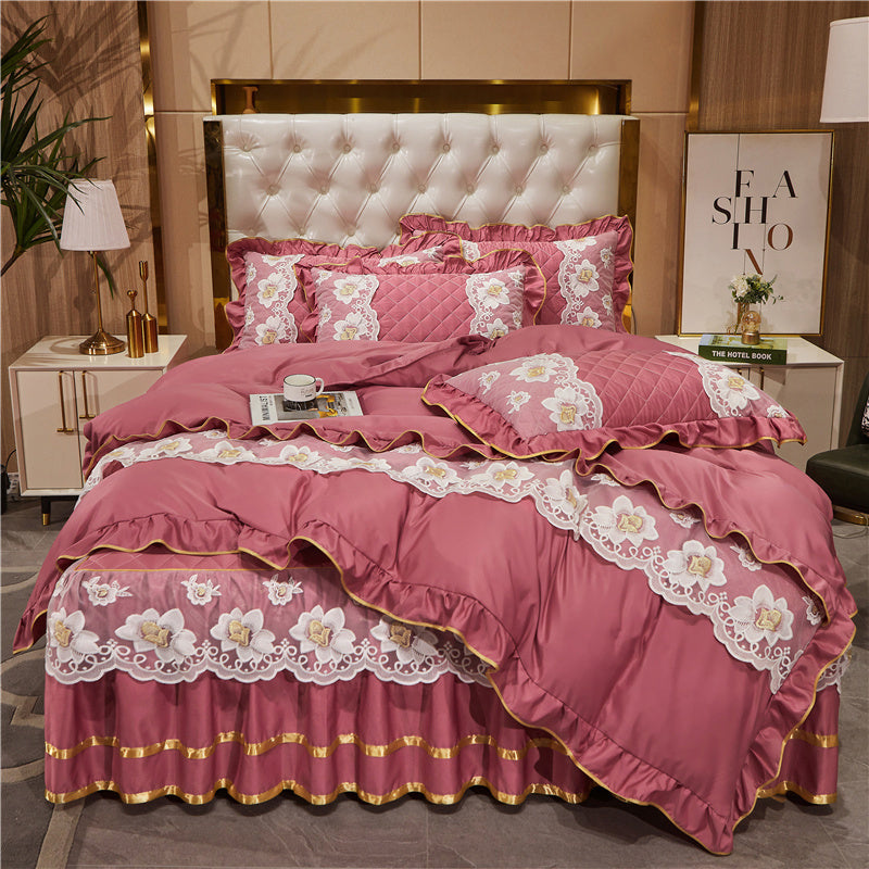 Falda de cama de encaje estilo princesa de Tencel, traje de cuatro piezas