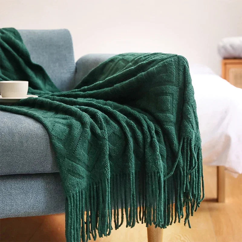 Knitted Blanket with Tassel Fashional Jacquard Small Blanket Diamond Shaped American Casual Blanket For Home Bed Travel Nap