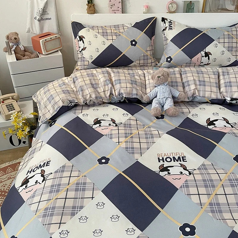 Kawaii Bear Printed Bed Set Floral Duvet Cover Pillowcase Bedding Set Comforter Bed Linen Sheet Quilt Cover Full Queen King Size