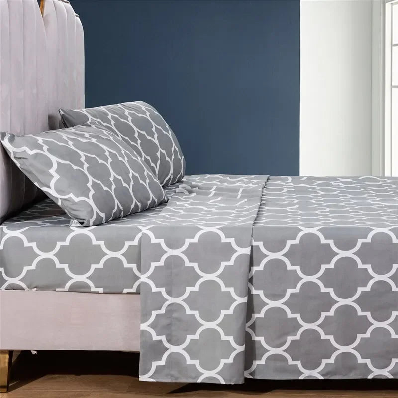 Simple Print Style Polyester Bed Set Fitted sheet Flat Sheet Pillowcase Bedding Set Bed Sheet (No Padding),Suitable For Bedroom