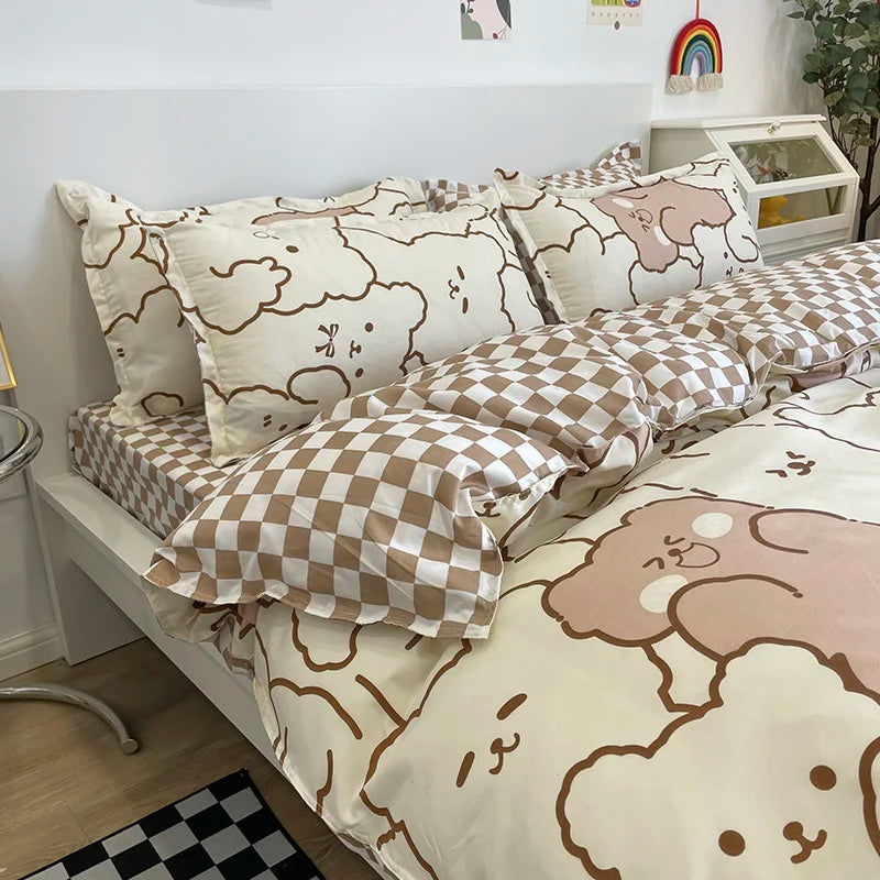 Kawaii Bear Printed Bed Set Floral Duvet Cover Pillowcase Bedding Set Comforter Bed Linen Sheet Quilt Cover Full Queen King Size