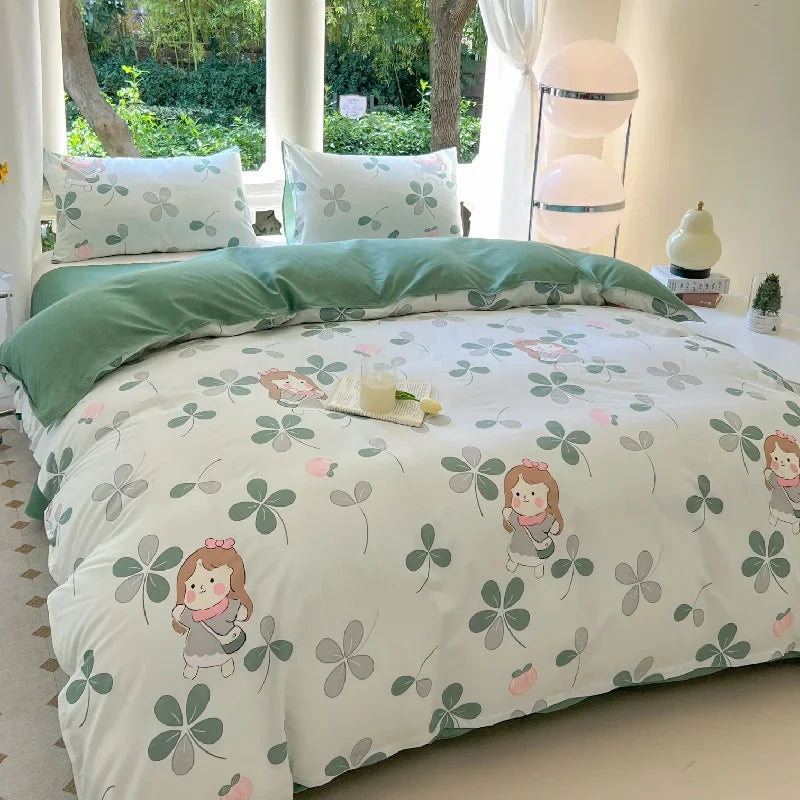 Kawaii Bear Printed Bed Set Floral Duvet Cover Pillowcase Bedding Set Cute Dog Bed Linen Sheet Quilt Cover Full Queen King Size