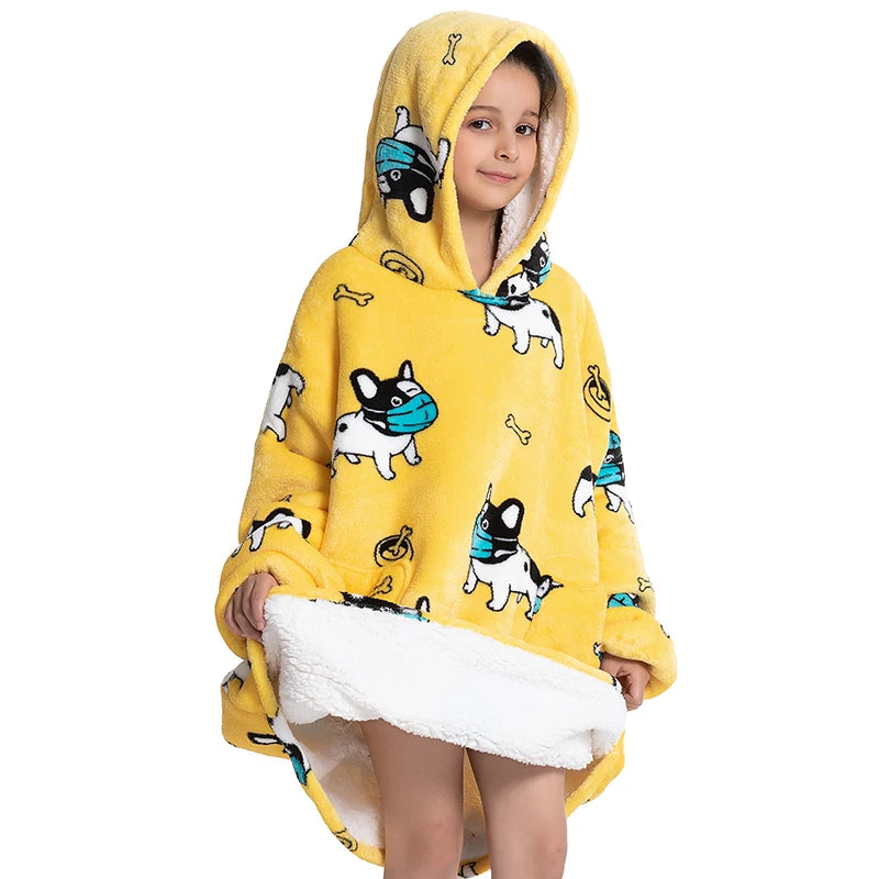 Oversized Wearale Blanket Hoodie Flannel Sherpa Fleece Warm Soft Winter Hoodie Sweatshirt for Kids Adults Snuggle