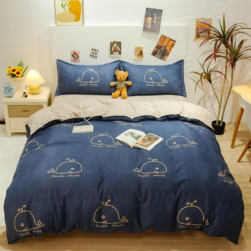 Kawaii Whale Printed Bed Set Floral Duvet Cover Pillowcase Bedding Set Cute Dog Bed Linen Sheet Quilt Cover Full Queen King Size