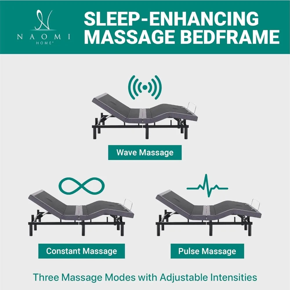 Split type extra large adjustable bed frame, massage bed with lumbar support and head tilt, USB port, wireless remote control