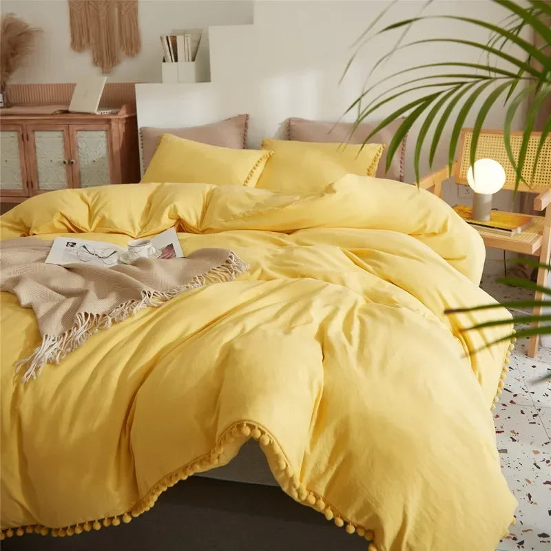 Solid Color Soft Washed Duvet Cover 3 Pieces Set Pillowcase Bedding Set for Twin Full Queen King Size Cute Pom-pom Decoration