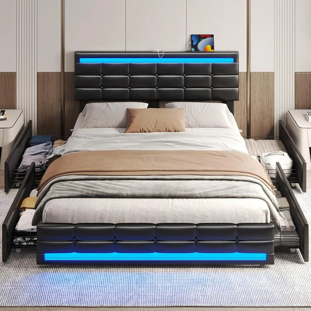 Large Bed Frame with LED Lights, Leather Platform Bed, Equipped with Storage Drawers and Charging Station