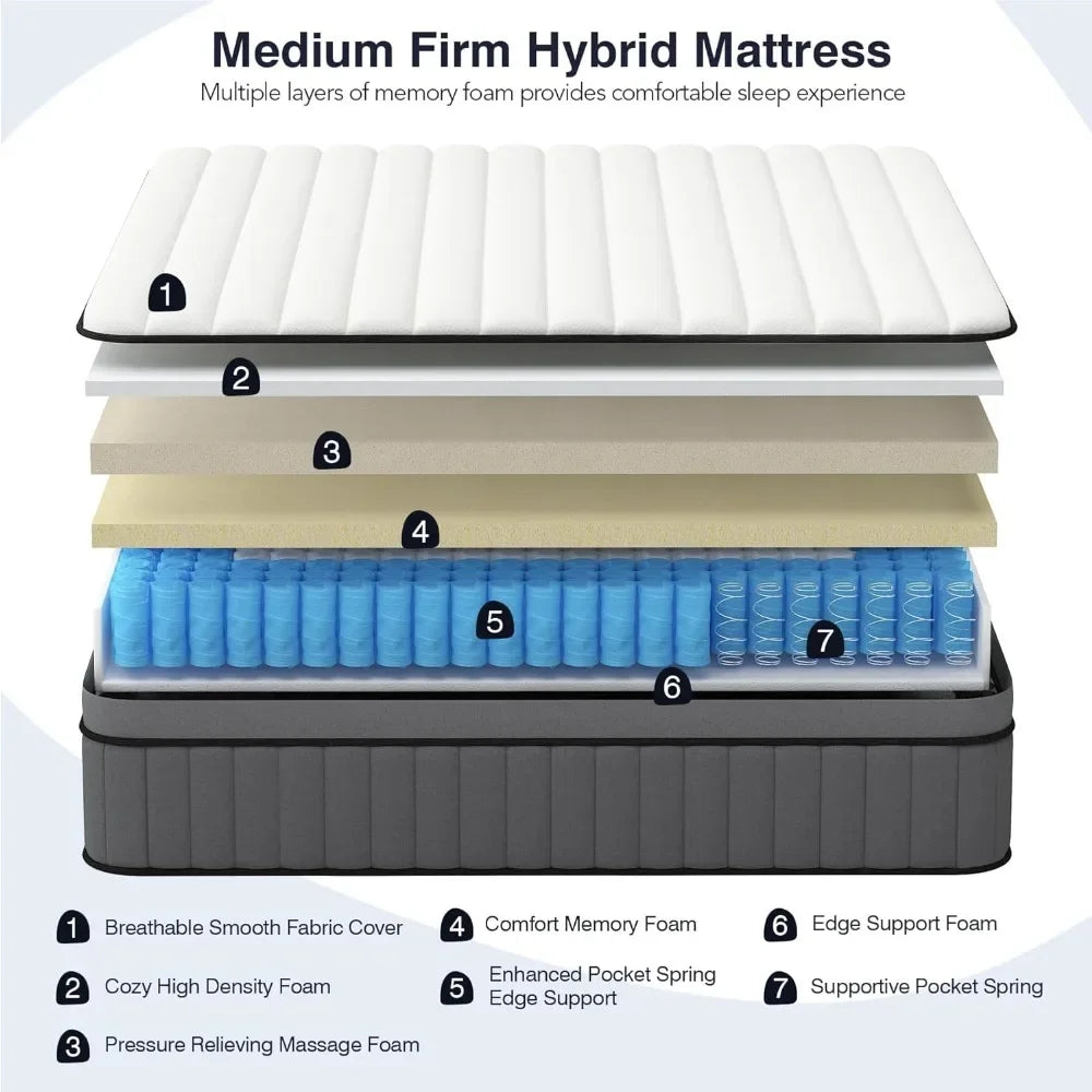 King Mattress with Individual Pocket Spring, Hybrid Cal King Mattress in a Box,Memory Foam Mattress, California King Size