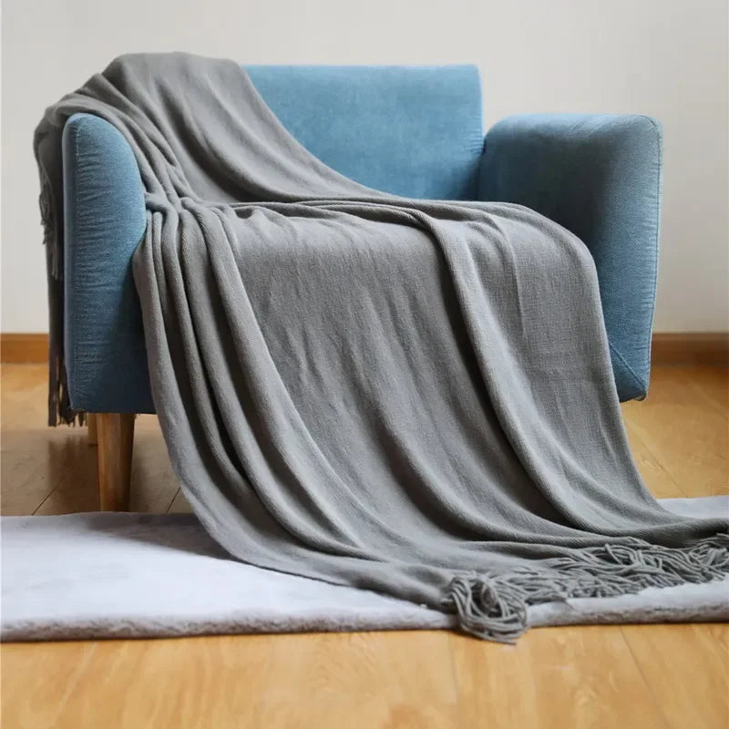 Nordic Knitted Tassels Fringe Blankets Lightweight Throw Solid Blanket Cozy Farmhouse Gift All Season Comfort For Home Travel