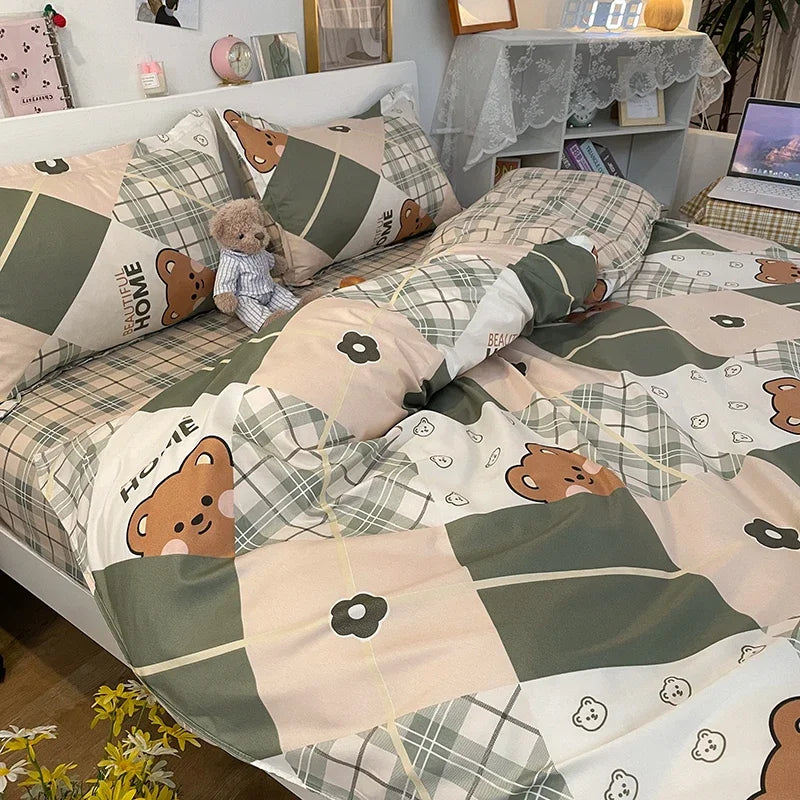 Kawaii Bear Printed Bed Set Floral Duvet Cover Pillowcase Bedding Set Comforter Bed Linen Sheet Quilt Cover Full Queen King Size