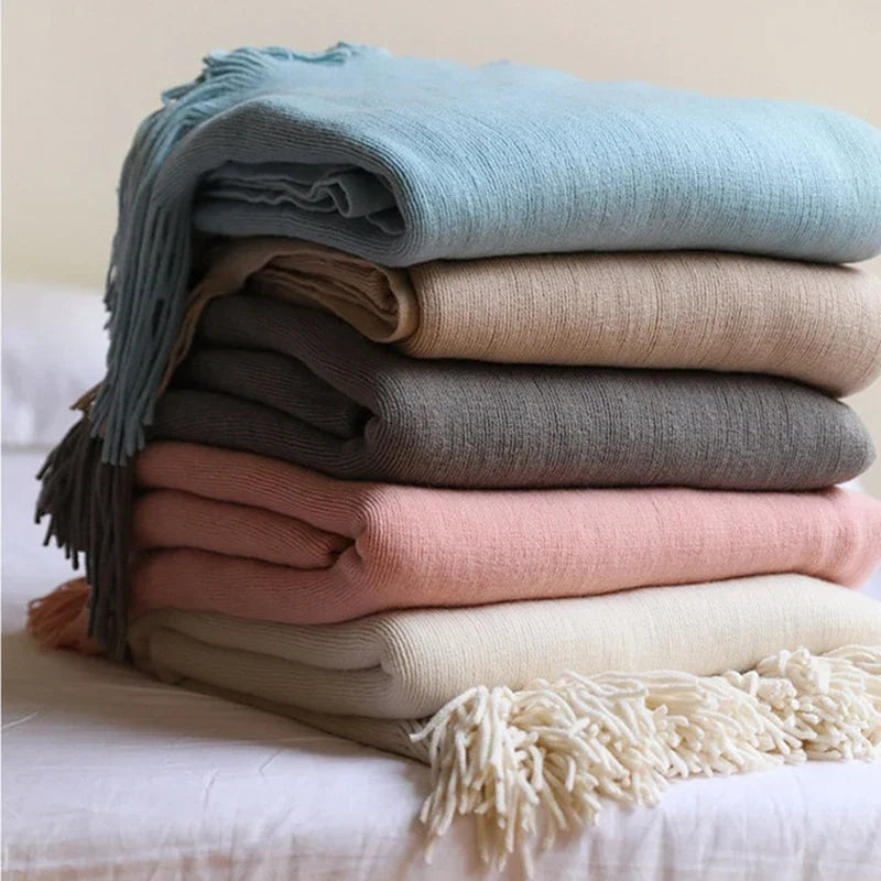 Nordic Knitted Tassels Fringe Blankets Lightweight Throw Solid Blanket Cozy Farmhouse Gift All Season Comfort For Home Travel