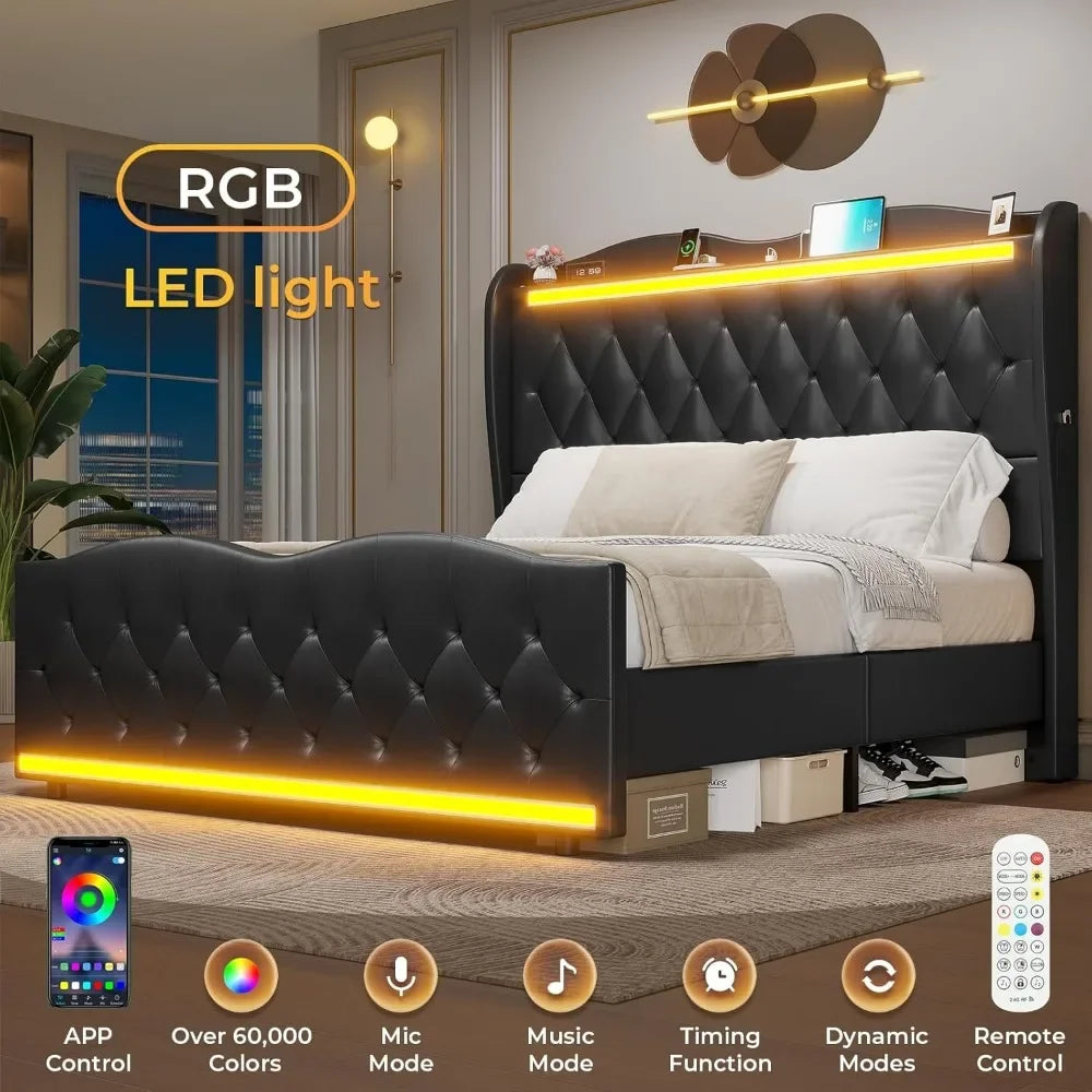Large Bed Frame with Bed Tail, Charging Station, PU Leather Cushioned Platform, Large Bed with Wing Back Storage Headboard