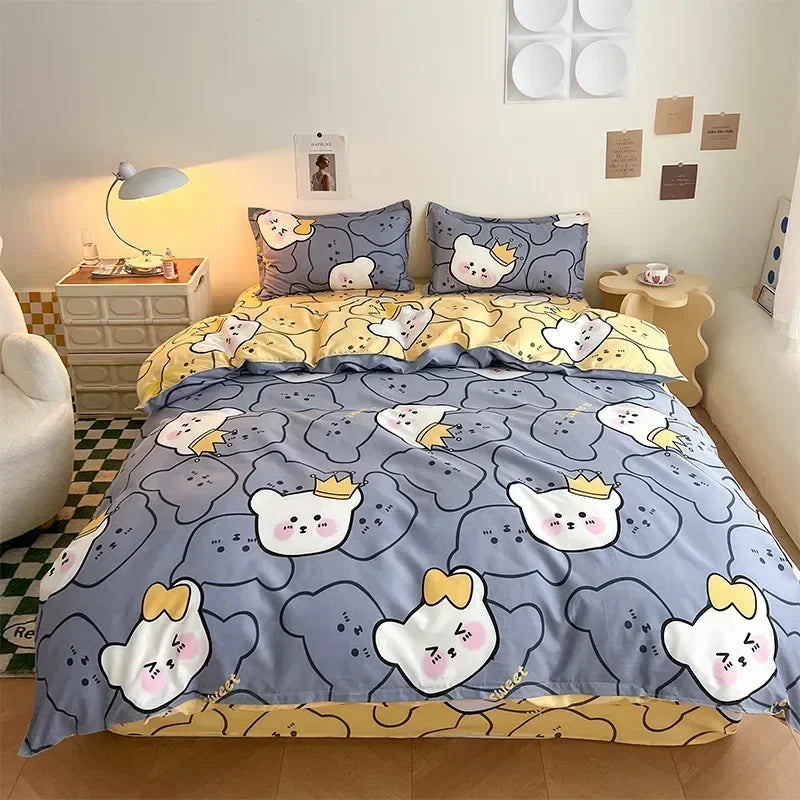Kawaii Bear Printed Bed Set Floral Duvet Cover Pillowcase Bedding Set Cute Dog Bear Bed Linen Sheet Quilt Full Queen King Size