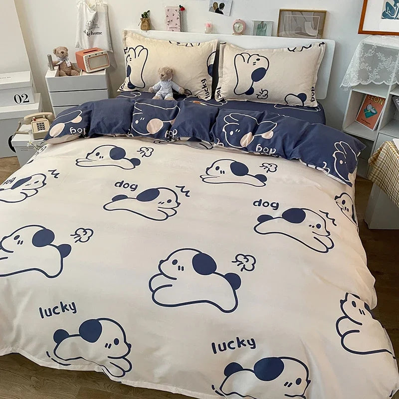 Kawaii Bear Printed Bed Set Floral Duvet Cover Pillowcase Bedding Set Cute Dog Bed Linen Sheet Quilt Cover Full Queen King Size