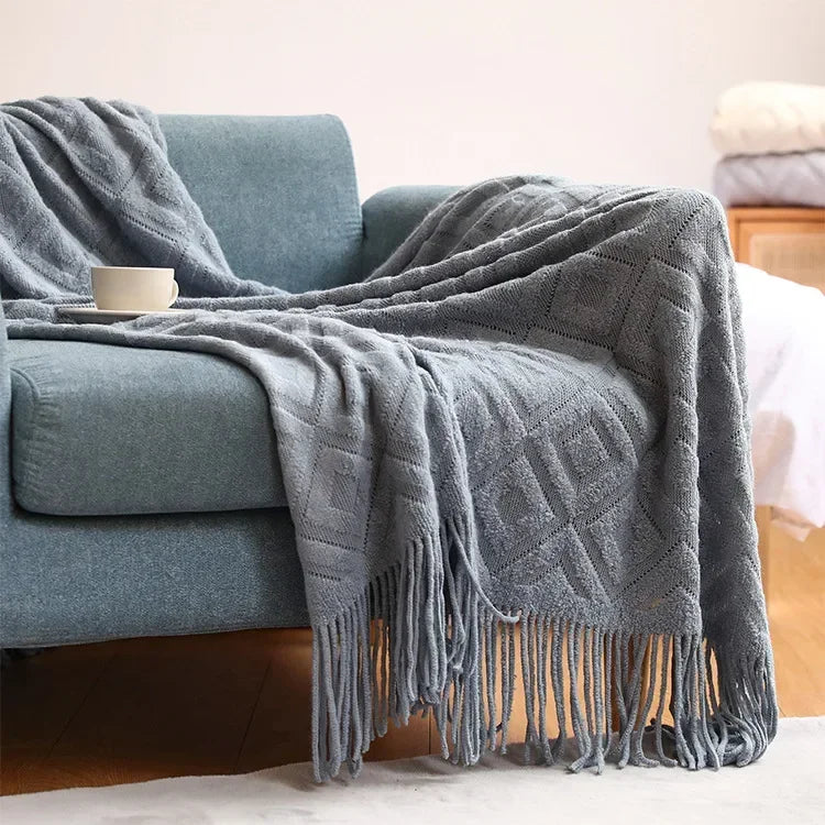 Knitted Blanket with Tassel Fashional Jacquard Small Blanket Diamond Shaped American Casual Blanket For Home Bed Travel Nap