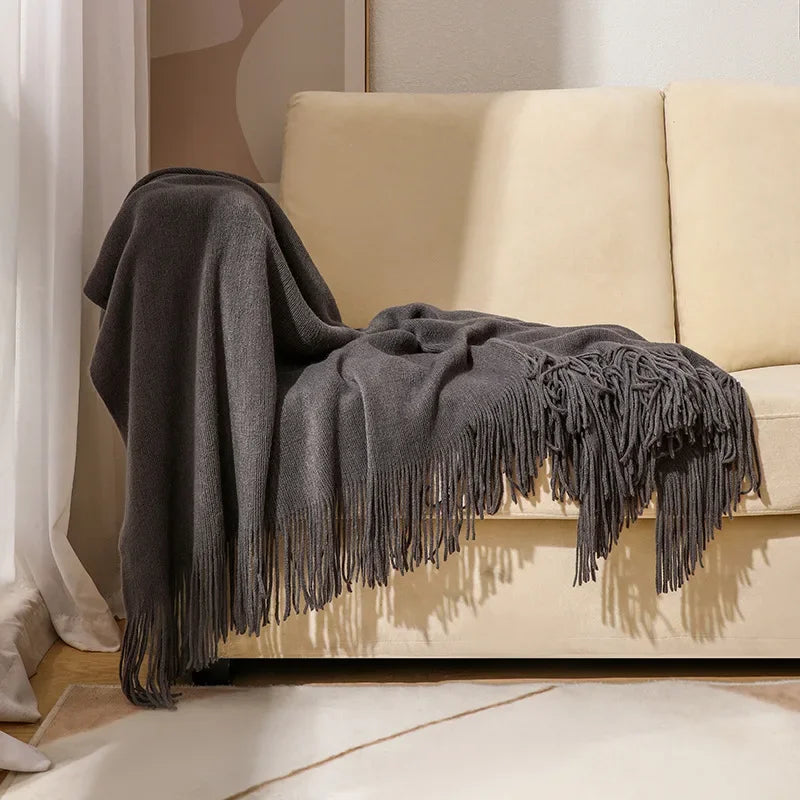 Nordic Knitted Tassels Fringe Blankets Lightweight Throw Solid Blanket Cozy Farmhouse Gift All Season Comfort For Home Travel