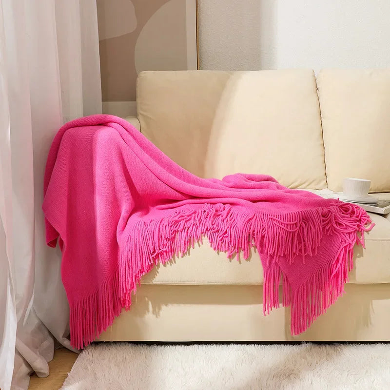 Nordic Knitted Tassels Fringe Blankets Lightweight Throw Solid Blanket Cozy Farmhouse Gift All Season Comfort For Home Travel