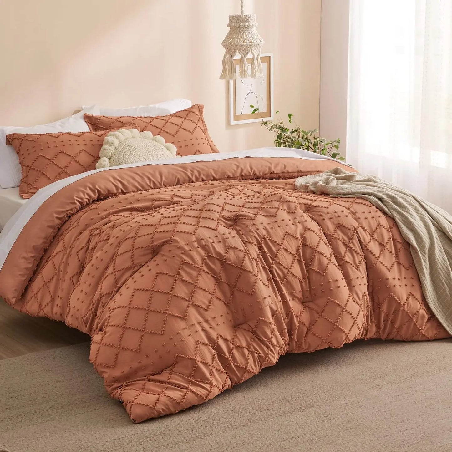 Bedsure Comforter Set - Coral Pink Boho Tufted Shabby Chic Bedding Comforter Set, Vintage Farmhouse Bed Set for All Seasons
