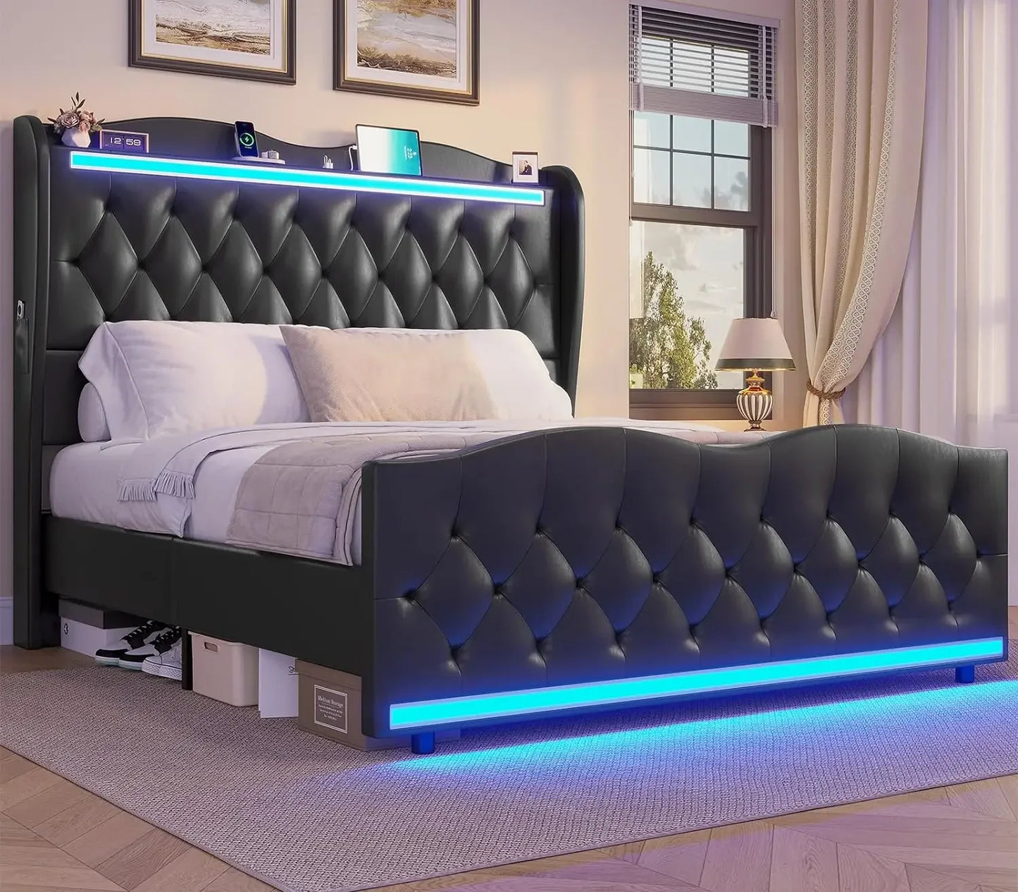 Large Bed Frame with Bed Tail, Charging Station, PU Leather Cushioned Platform, Large Bed with Wing Back Storage Headboard