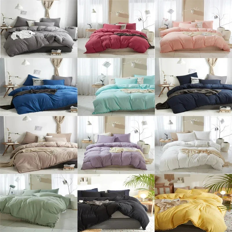 Solid Color Soft Washed Duvet Cover 3 Pieces Set Pillowcase Bedding Set for Twin Full Queen King Size Cute Pom-pom Decoration