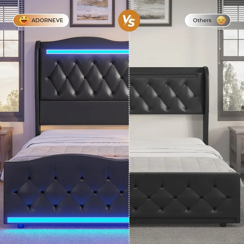 Large Bed Frame with Bed Tail, Charging Station, PU Leather Cushioned Platform, Large Bed with Wing Back Storage Headboard