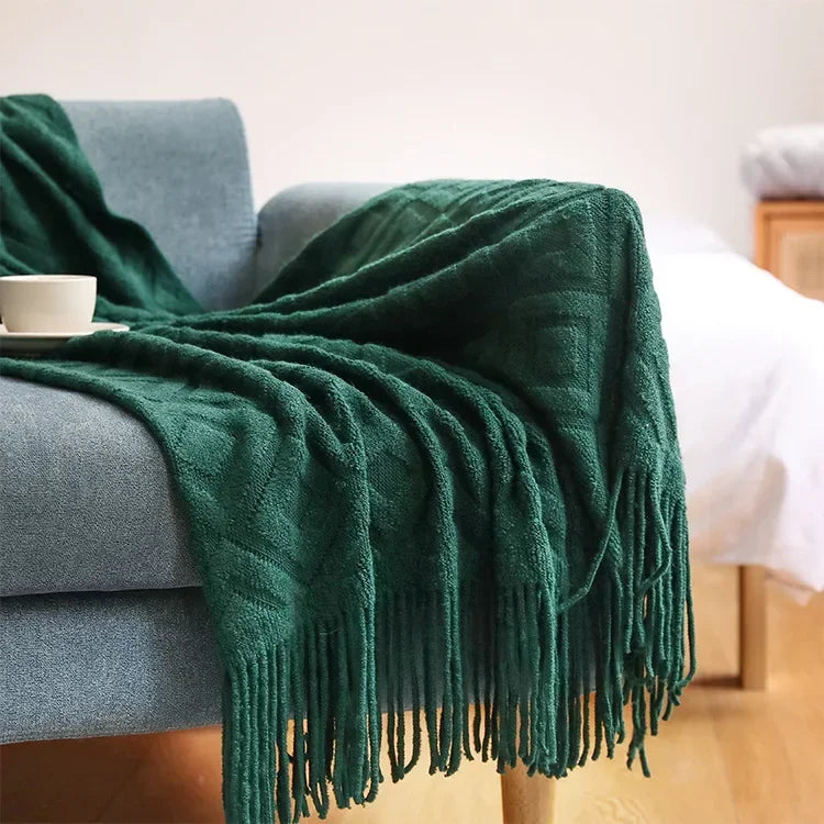 Knitted Blanket with Tassel Fashional Jacquard Small Blanket Diamond Shaped American Casual Blanket For Home Bed Travel Nap
