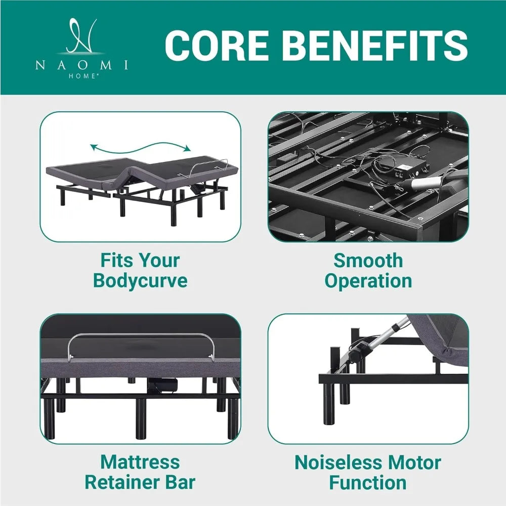 Split type extra large adjustable bed frame, massage bed with lumbar support and head tilt, USB port, wireless remote control