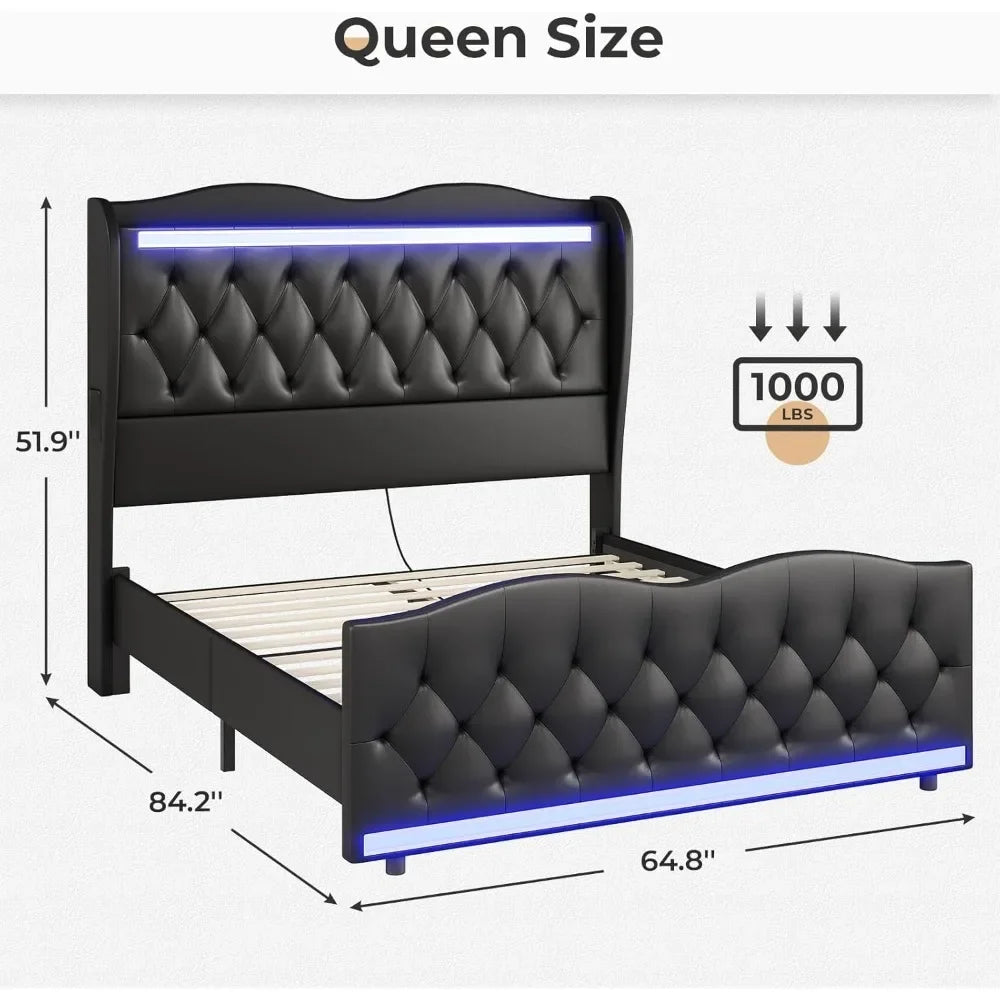 Large Bed Frame with Bed Tail, Charging Station, PU Leather Cushioned Platform, Large Bed with Wing Back Storage Headboard
