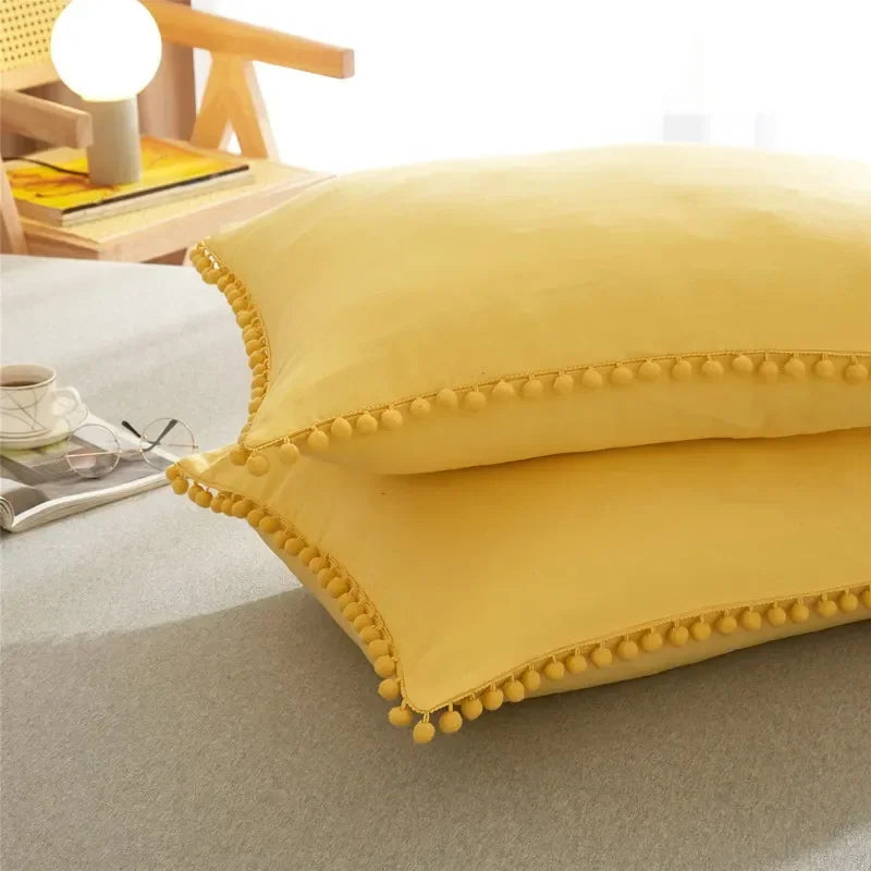 Solid Color Soft Washed Duvet Cover 3 Pieces Set Pillowcase Bedding Set for Twin Full Queen King Size Cute Pom-pom Decoration
