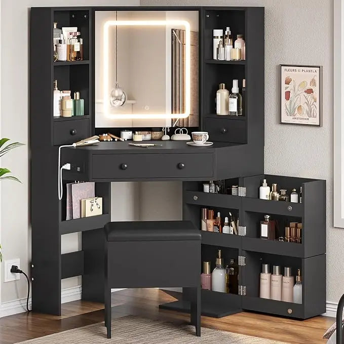 Corner Dressing Table with Light and Charging Station, Dressing Table Set with Mirror and Storage Bench