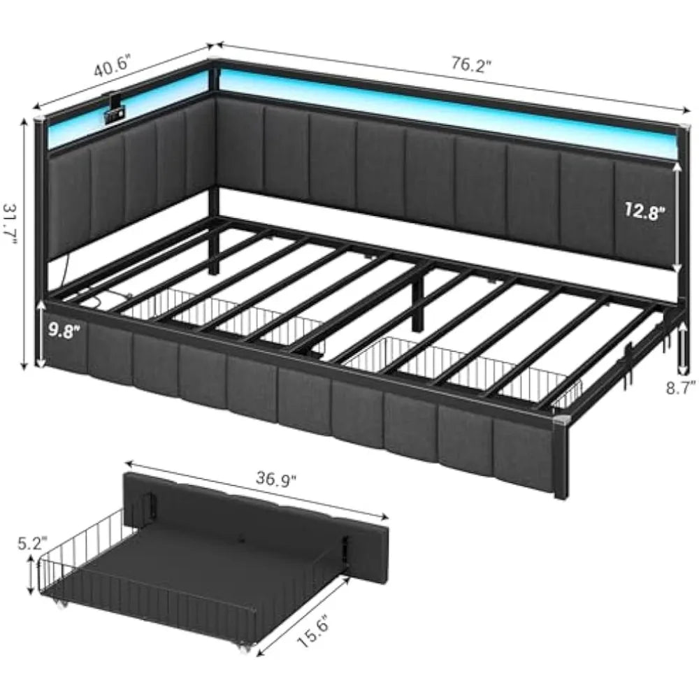 Modern Corner Bed Frame with LED Lights and Charging Station, Double Bed with Storage Space