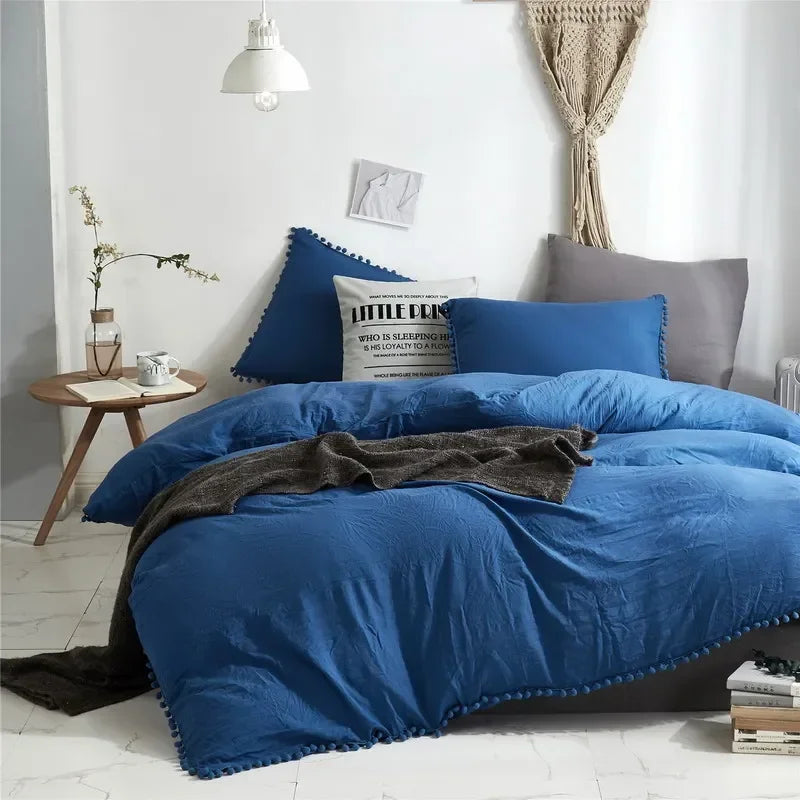 Solid Color Soft Washed Duvet Cover 3 Pieces Set Pillowcase Bedding Set for Twin Full Queen King Size Cute Pom-pom Decoration