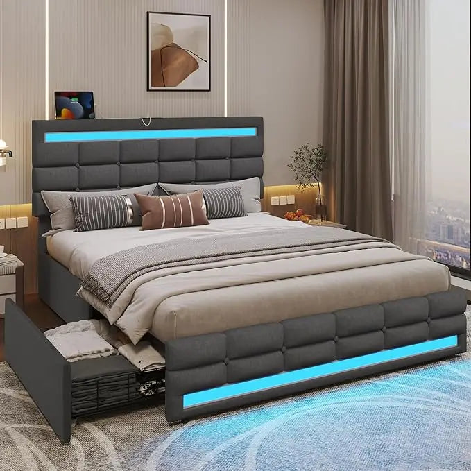 Large Bed Frame with LED Lights, Leather Platform Bed, Equipped with Storage Drawers and Charging Station