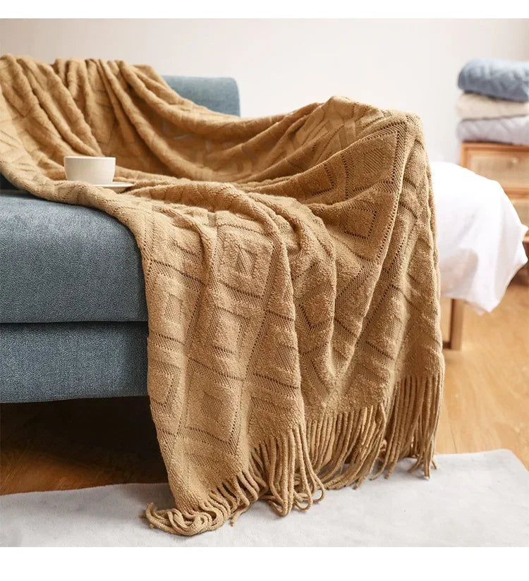 Knitted Blanket with Tassel Fashional Jacquard Small Blanket Diamond Shaped American Casual Blanket For Home Bed Travel Nap