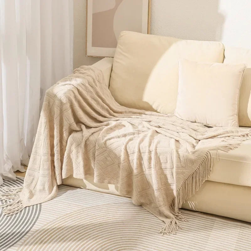Knitted Blanket with Tassel Fashional Jacquard Small Blanket Diamond Shaped American Casual Blanket For Home Bed Travel Nap