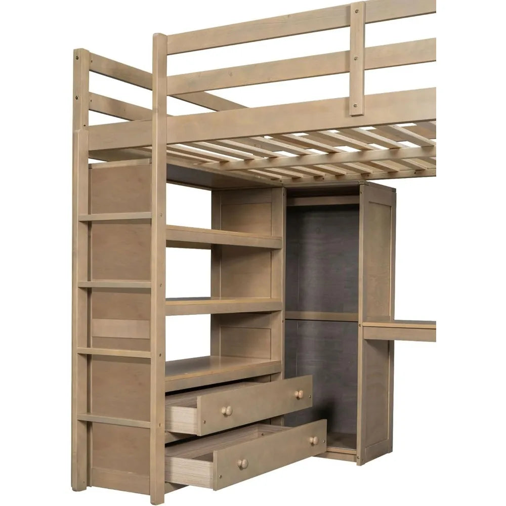 Designs Full Size Loft Bed with Desk & Wardrobe, Wood Full Loft Bunk Bed with Storage Shelves and Drawer