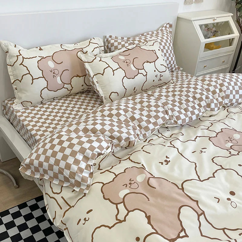 Kawaii Bear Printed Bed Set Floral Duvet Cover Pillowcase Bedding Set Comforter Bed Linen Sheet Quilt Cover Full Queen King Size