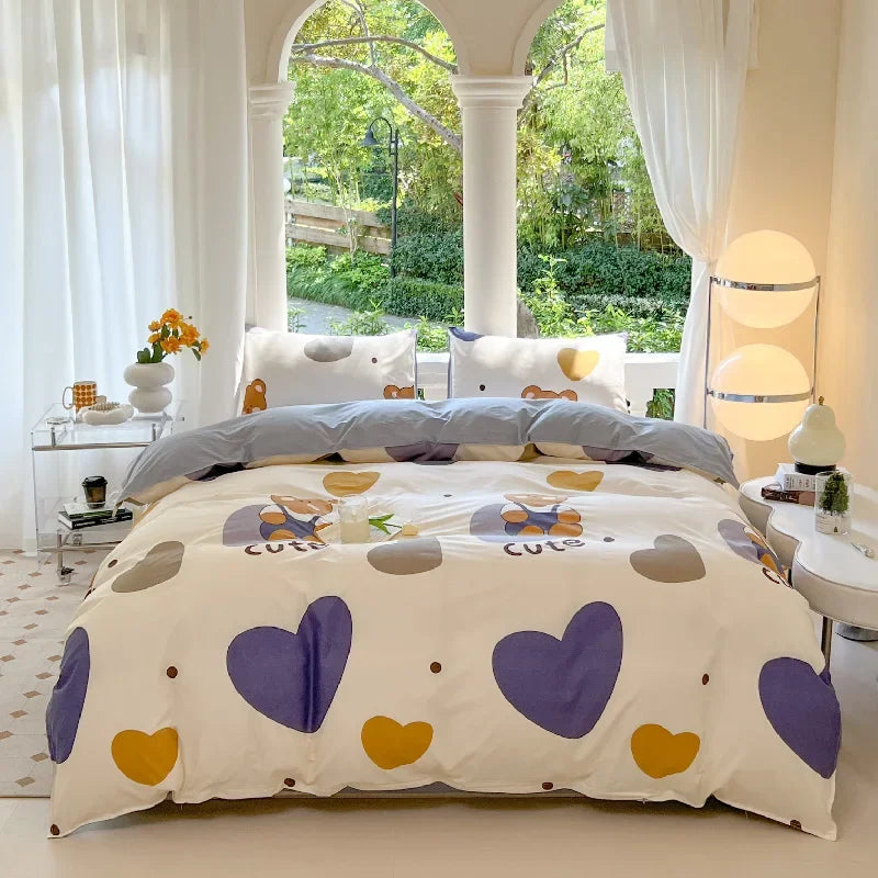 Kawaii Bear Printed Bed Set Floral Duvet Cover Pillowcase Bedding Set Cute Dog Bed Linen Sheet Quilt Cover Full Queen King Size
