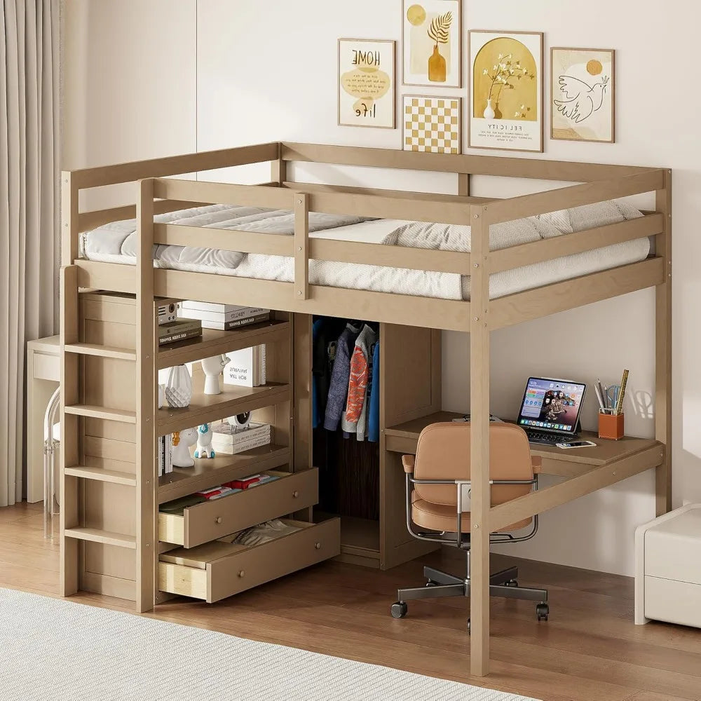 Designs Full Size Loft Bed with Desk & Wardrobe, Wood Full Loft Bunk Bed with Storage Shelves and Drawer
