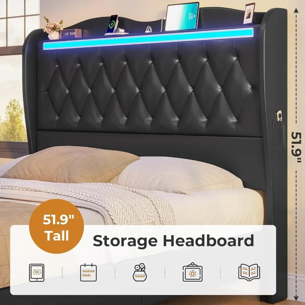 Large Bed Frame with Bed Tail, Charging Station, PU Leather Cushioned Platform, Large Bed with Wing Back Storage Headboard