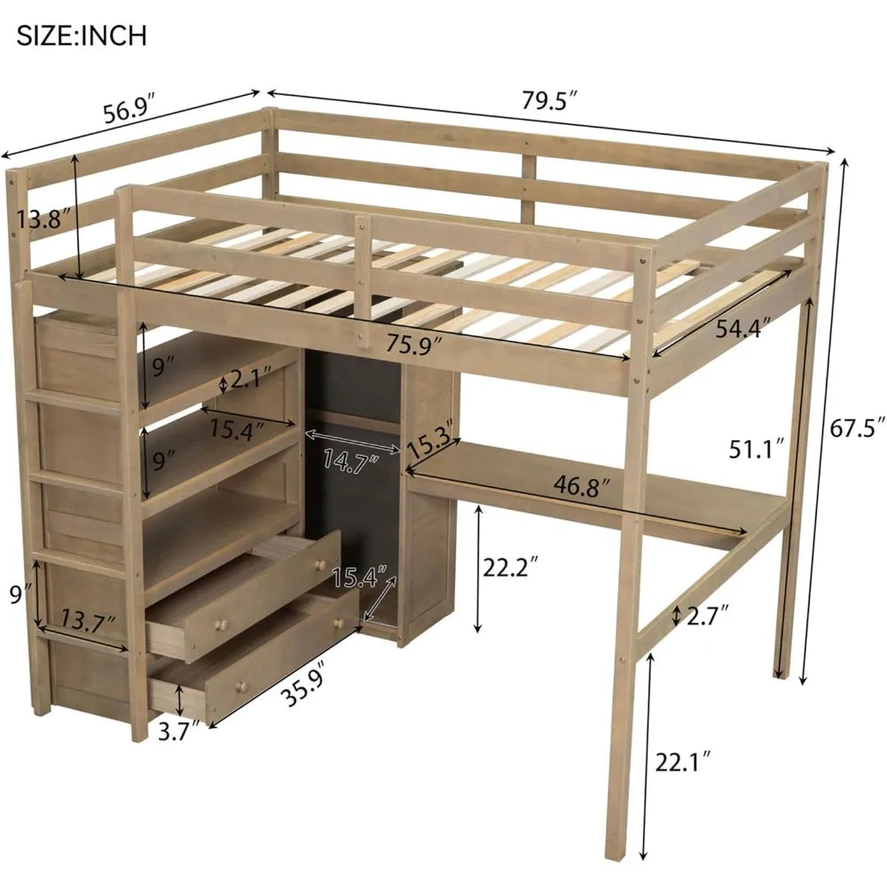 Designs Full Size Loft Bed with Desk & Wardrobe, Wood Full Loft Bunk Bed with Storage Shelves and Drawer
