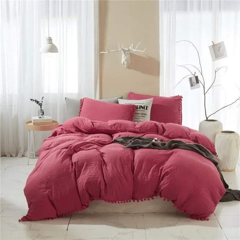 Solid Color Soft Washed Duvet Cover 3 Pieces Set Pillowcase Bedding Set for Twin Full Queen King Size Cute Pom-pom Decoration