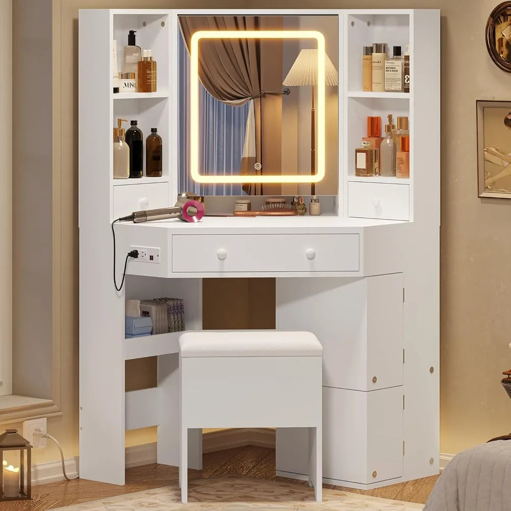 Corner Dressing Table with Light and Charging Station, Dressing Table Set with Mirror and Storage Bench