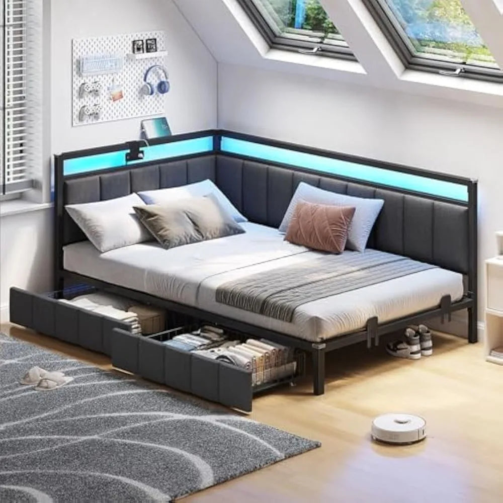 Modern Corner Bed Frame with LED Lights and Charging Station, Double Bed with Storage Space