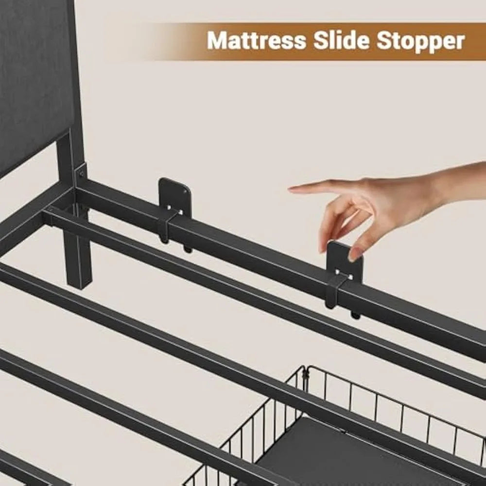 Modern Corner Bed Frame with LED Lights and Charging Station, Double Bed with Storage Space