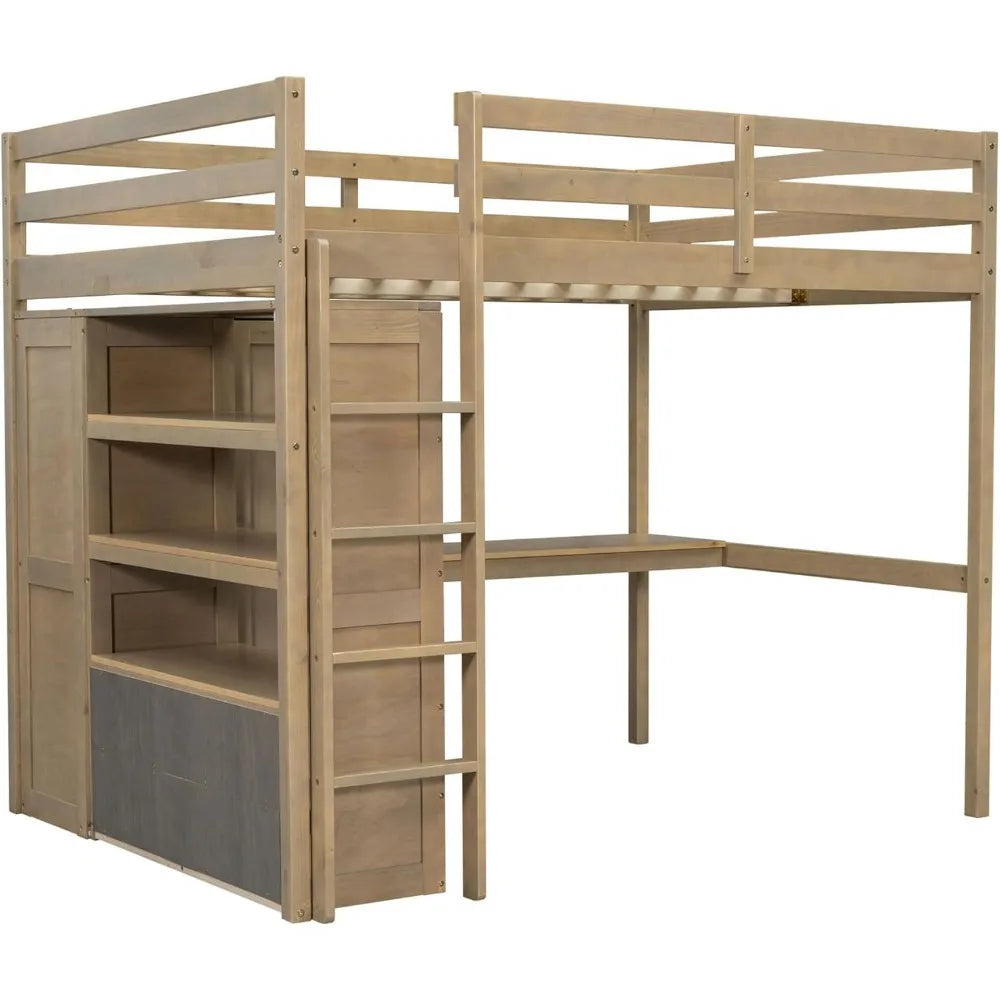 Designs Full Size Loft Bed with Desk & Wardrobe, Wood Full Loft Bunk Bed with Storage Shelves and Drawer
