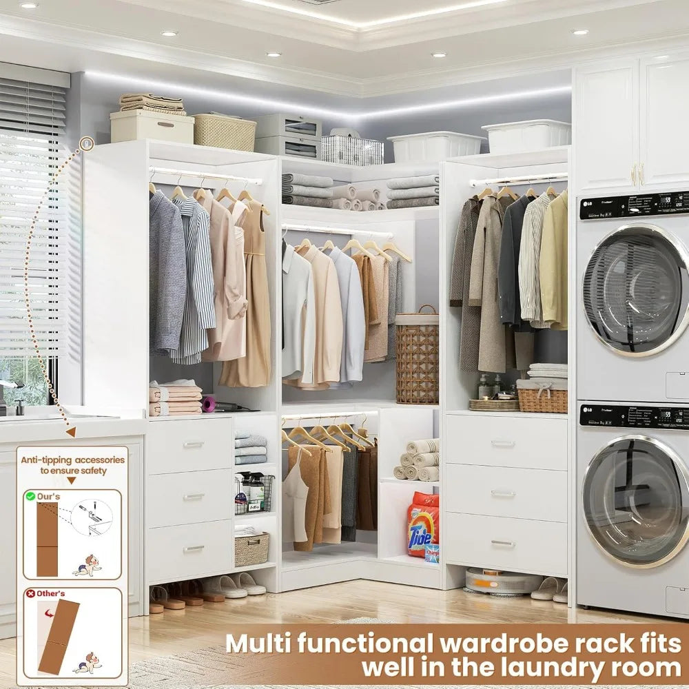 Closet System with 3 Sets, 86.8" Closet Organizer System with 6 Drawers & 4 Hanging Rods, Wardrobe