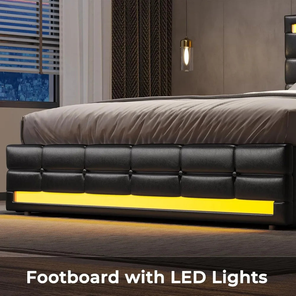 Large Bed Frame with LED Lights, Leather Platform Bed, Equipped with Storage Drawers and Charging Station
